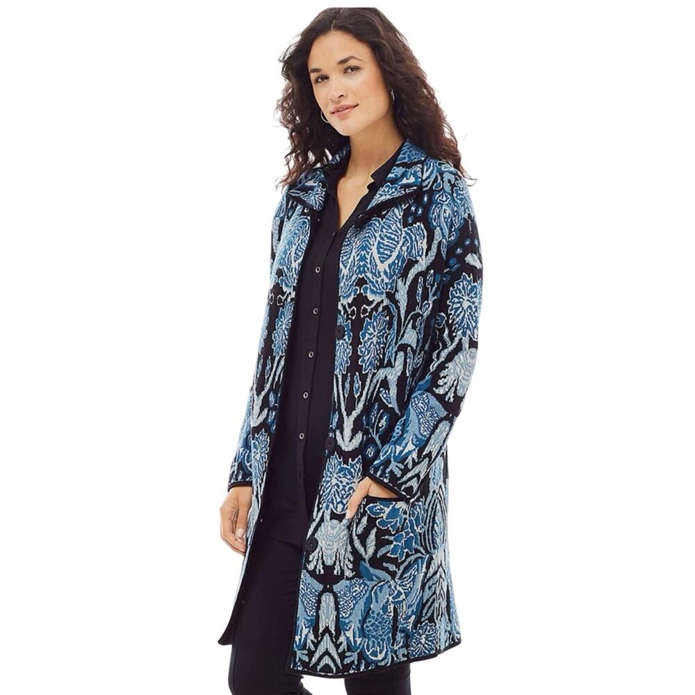 J.Jill Cardigan Prussian Blue Sweater Coat | Floral Tapestry Collared Duster  XS